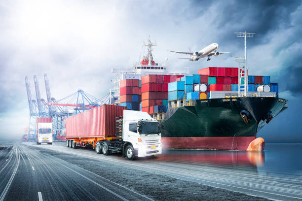 Logistics import export background and transport industry of Container Cargo freight ship at sunset sky